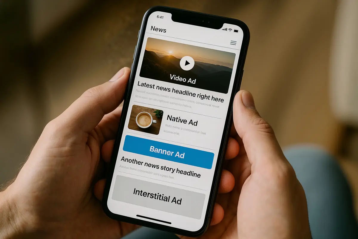Hyper realistic mobile device showing diverse ad formats for how to optimize ad placements for revenue