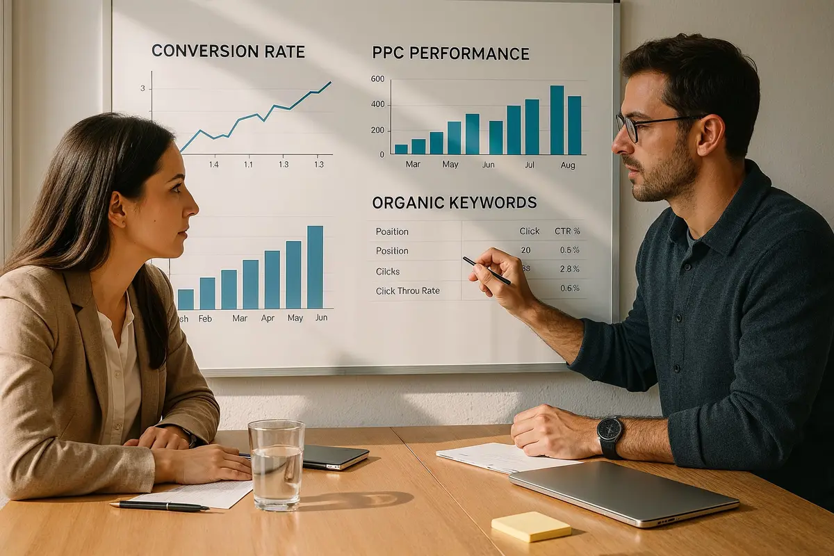 Digital marketing team analyzing organic vs paid traffic for monetization