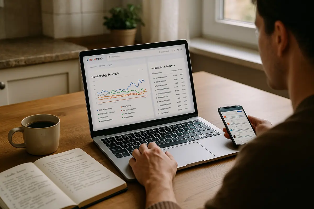 person researching passive income ideas for niche websites on a laptop with keyword tools and notes