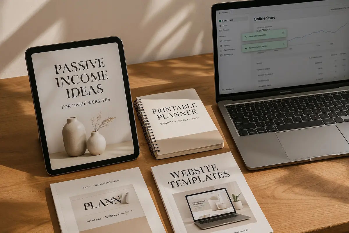 digital product mockups and online store dashboard illustrating passive income ideas for niche websites