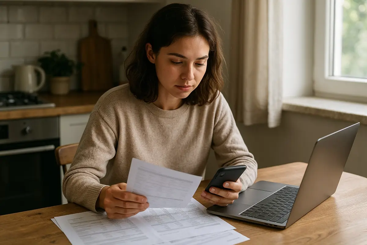 woman managing passive income streams online at kitchen table