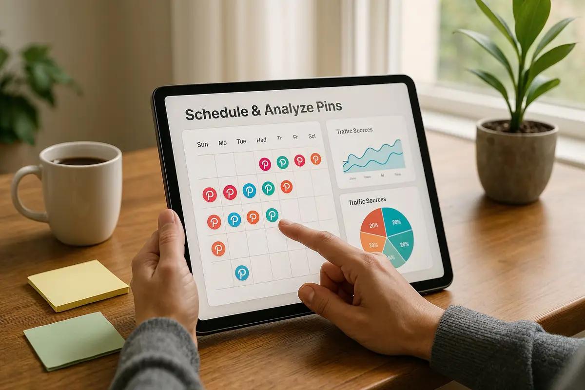 workspace with tablet and pinterest analytics, pinterest marketing for website traffic