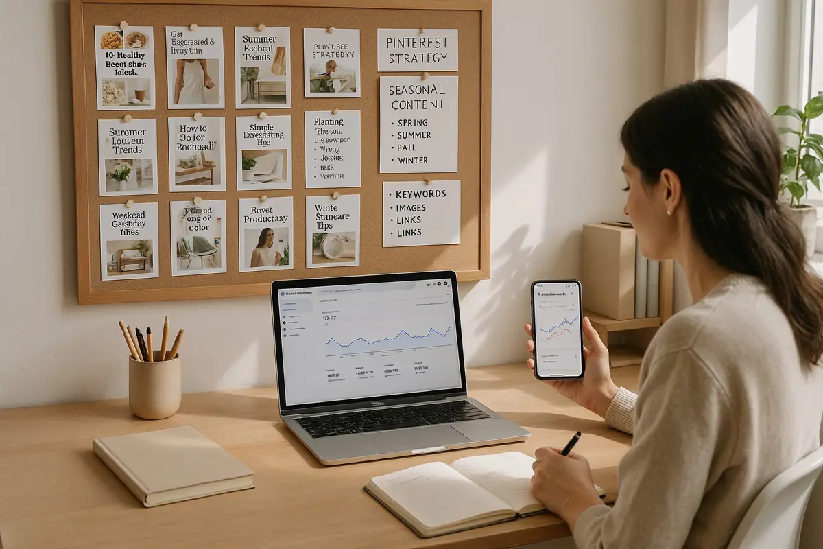 home office with pinterest pin designs and analytics, pinterest marketing for website traffic