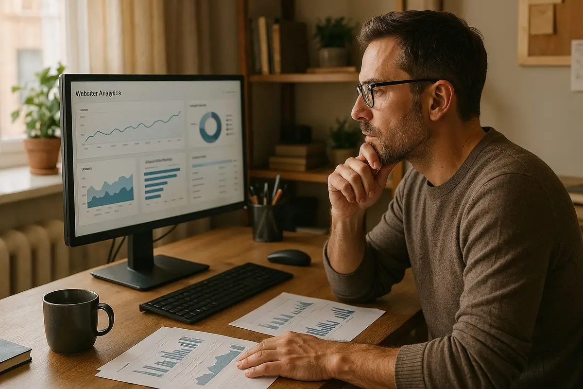 A small website owner reviewing analytics and pricing strategies for sponsored content, representing pricing sponsored content for small websites