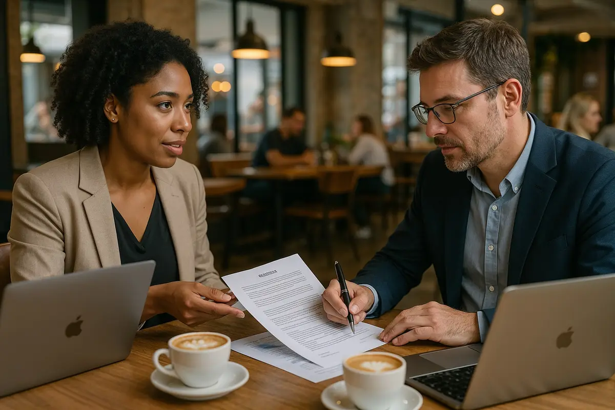 A negotiation between a small website owner and an advertiser discussing sponsored content pricing, illustrating pricing sponsored content for small websites