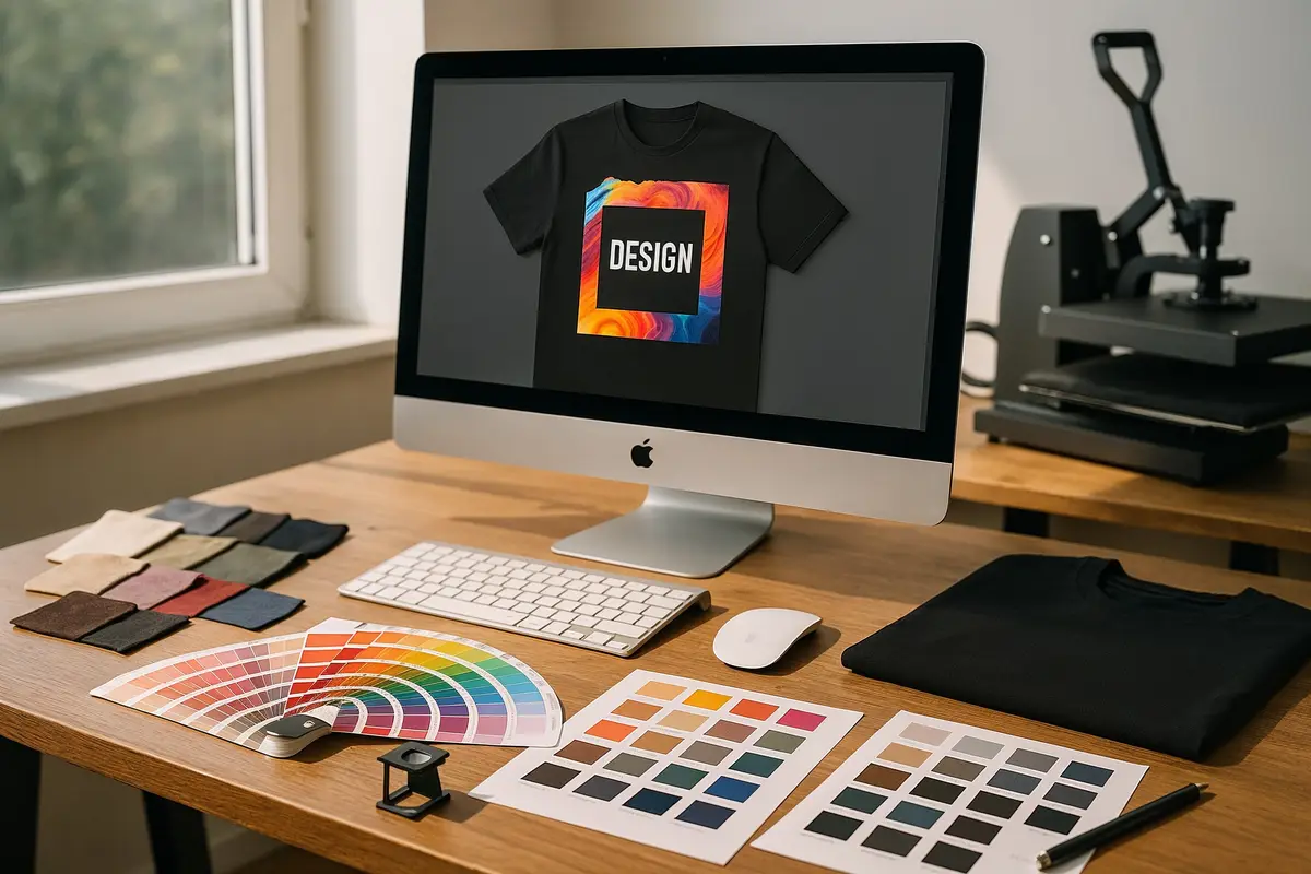 printful vs printify for dtg explained designer workspace with dtg t shirt mockup