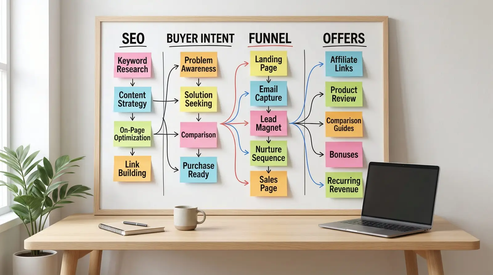 affiliate site content strategy board with buyer intent and funnel labels