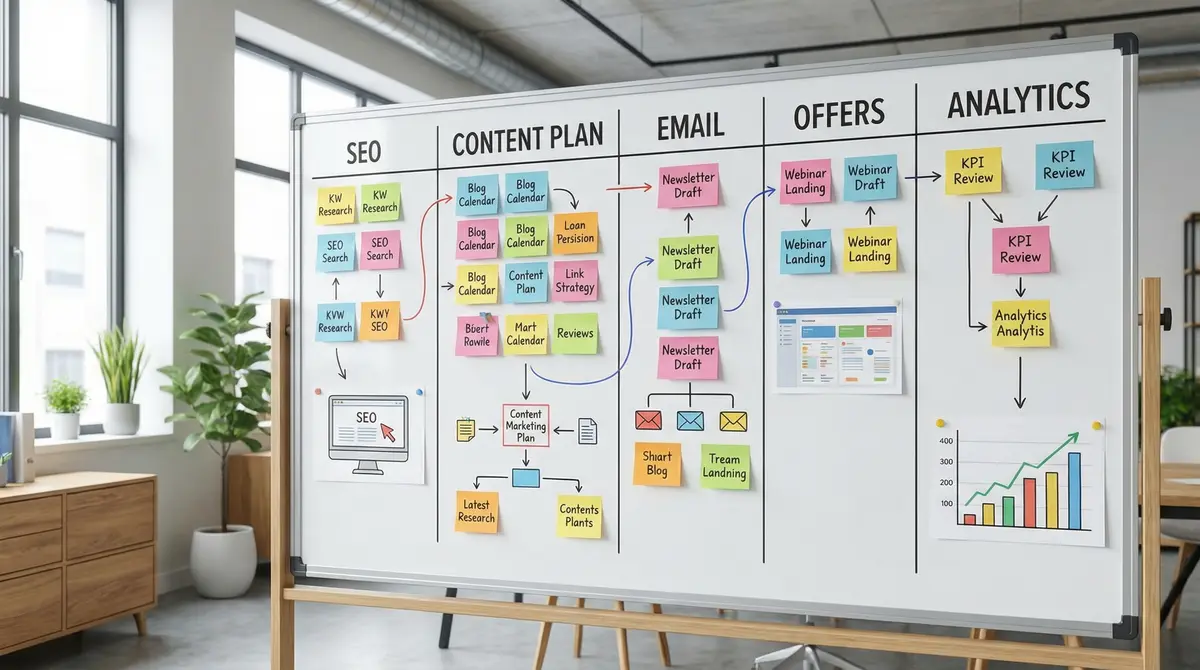 digital marketing workflow board seo content email analytics