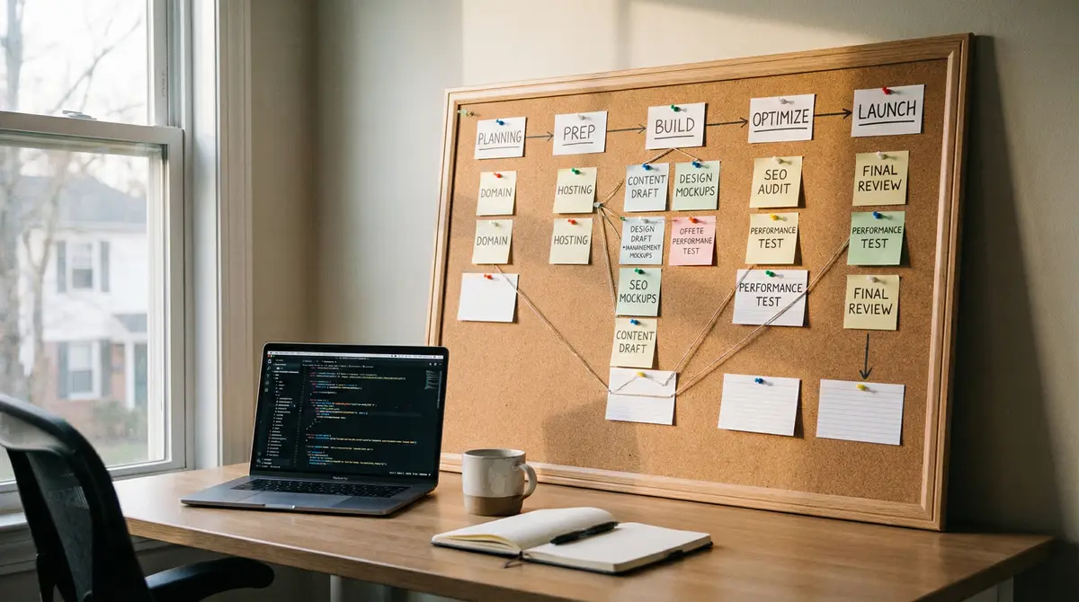 website launch steps workflow board