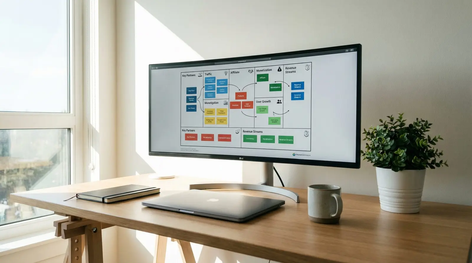 modern workspace with website business model map