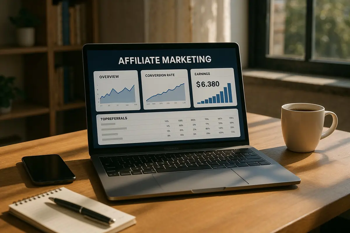 affiliate marketing tips workspace with analytics dashboard, coffee, and notepad