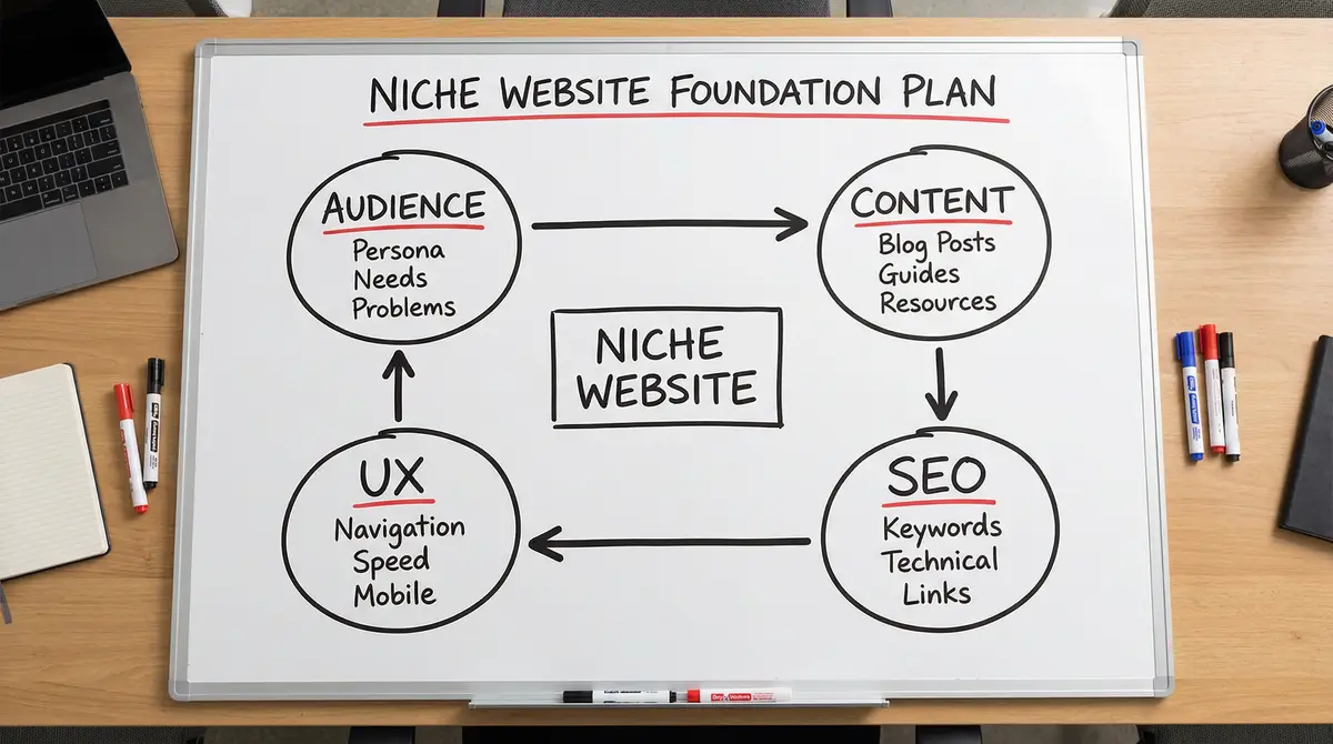 niche website foundation plan whiteboard