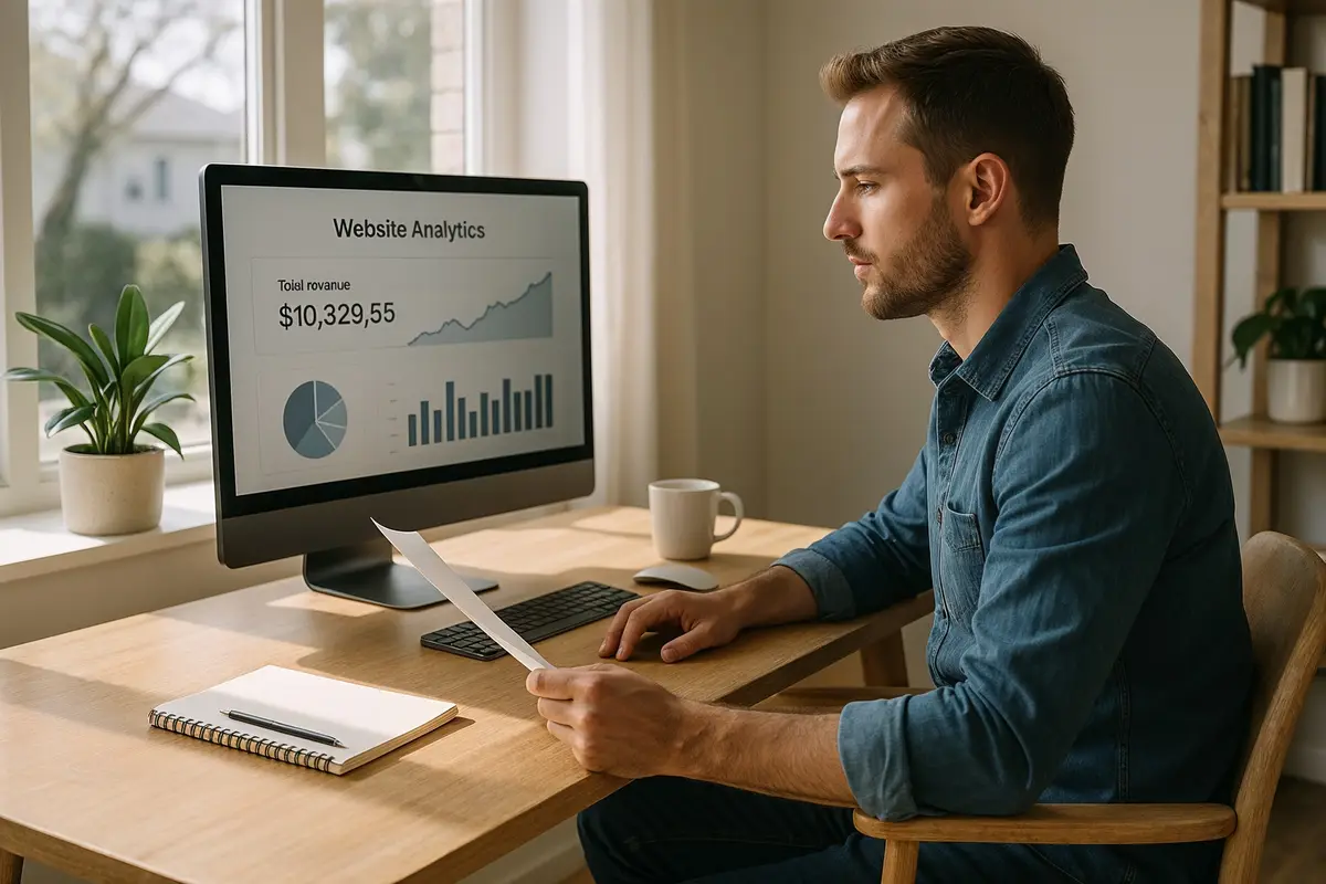 real world examples of websites making $10k/month home office workspace with analytics on screen