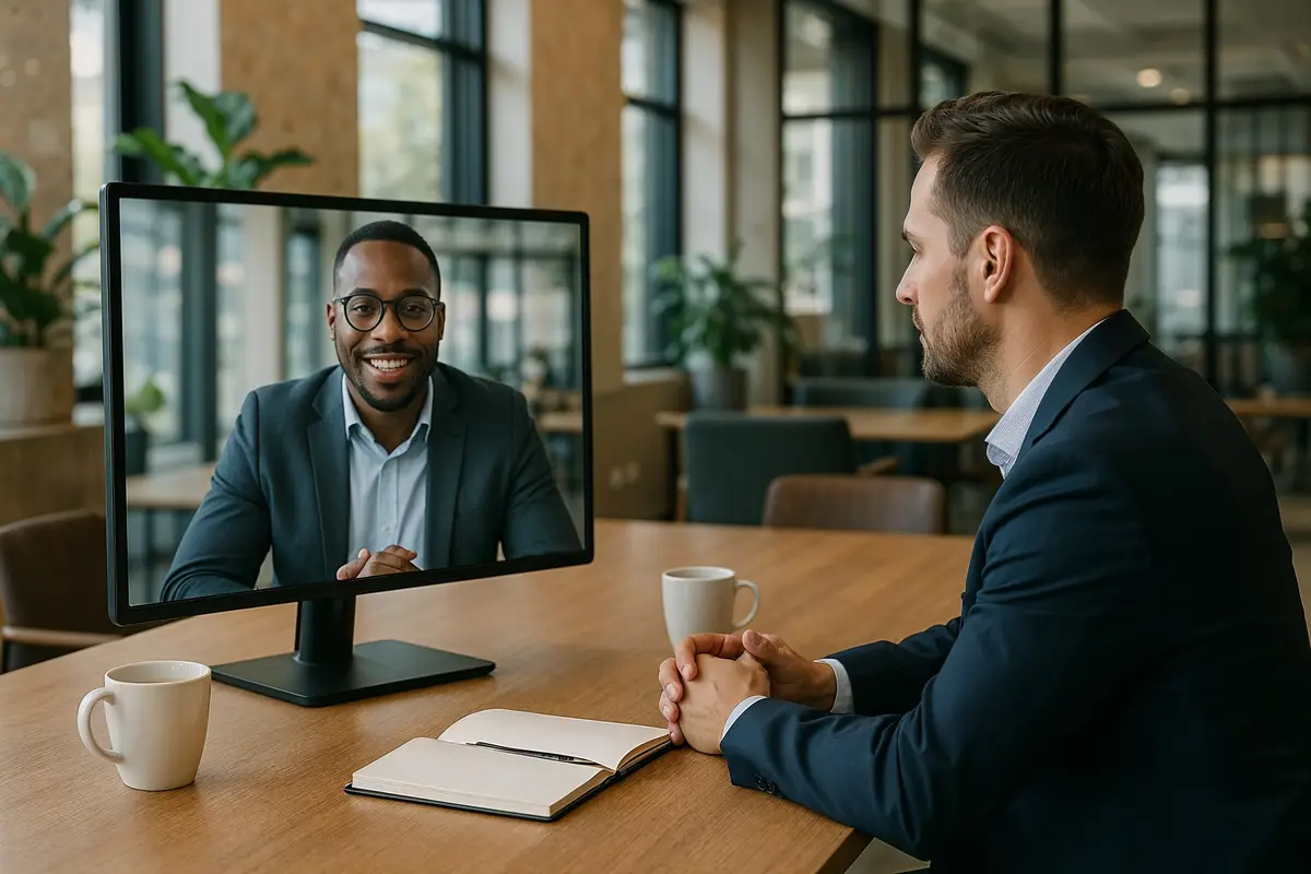 remote business strategies professionals collaborating via video conference coworking space