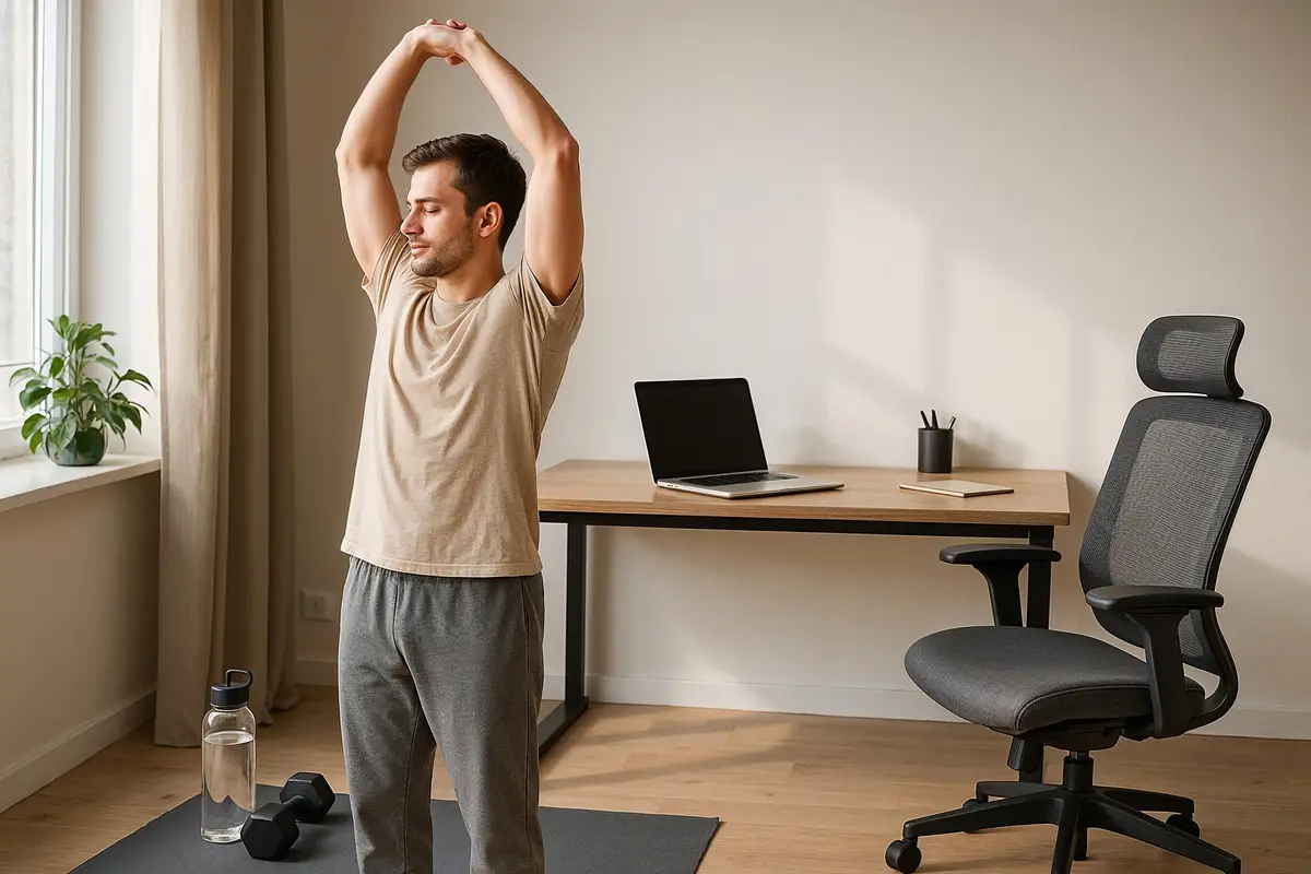 remote work productivity tips: person stretching in a modern home office