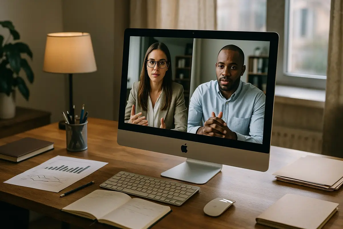 remote work productivity tips: virtual meeting on computer in home office