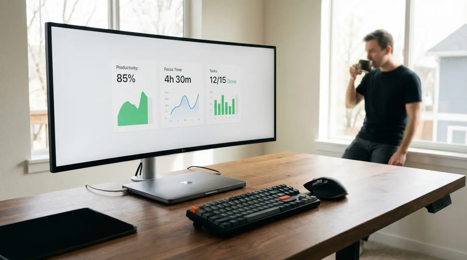remote work setup with productivity dashboard