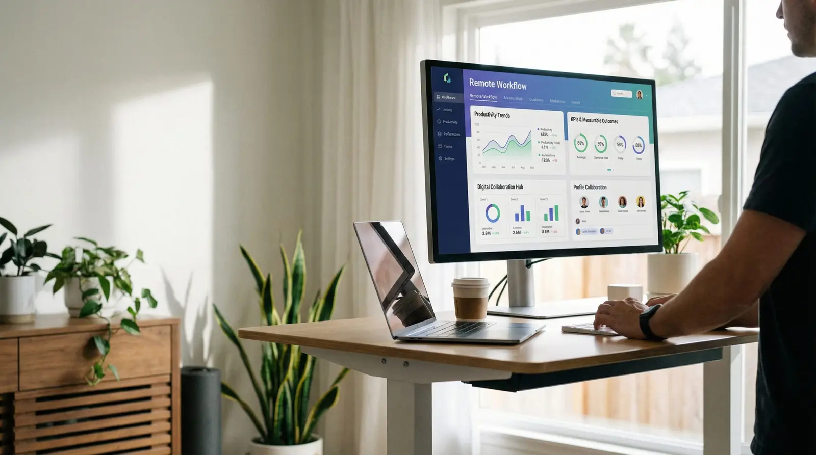 remote work dashboard with productivity metrics and digital collaboration tools