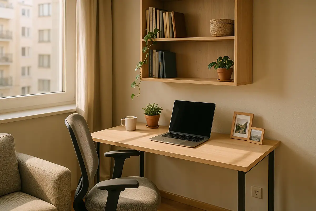 remote work tips ergonomic workspace with modern furniture and natural lighting