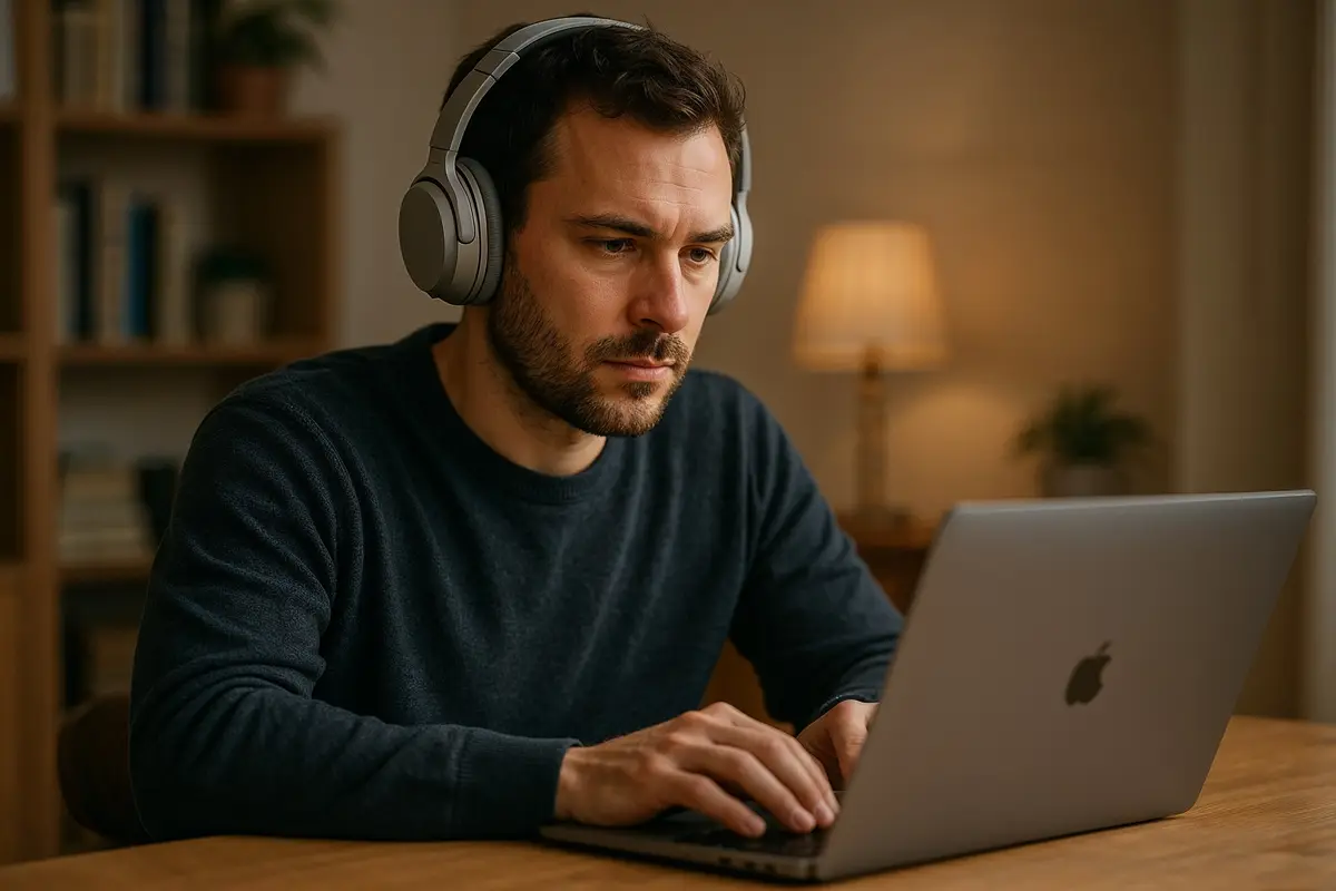remote work tips person using headphones in distraction free home office