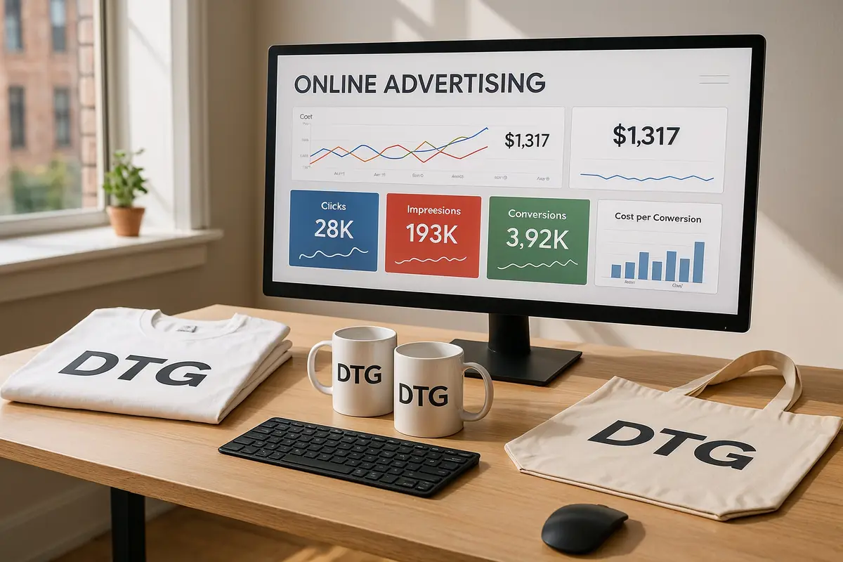 Workspace showing DTG products and paid ads analytics for scaling a dtg business with paid ads