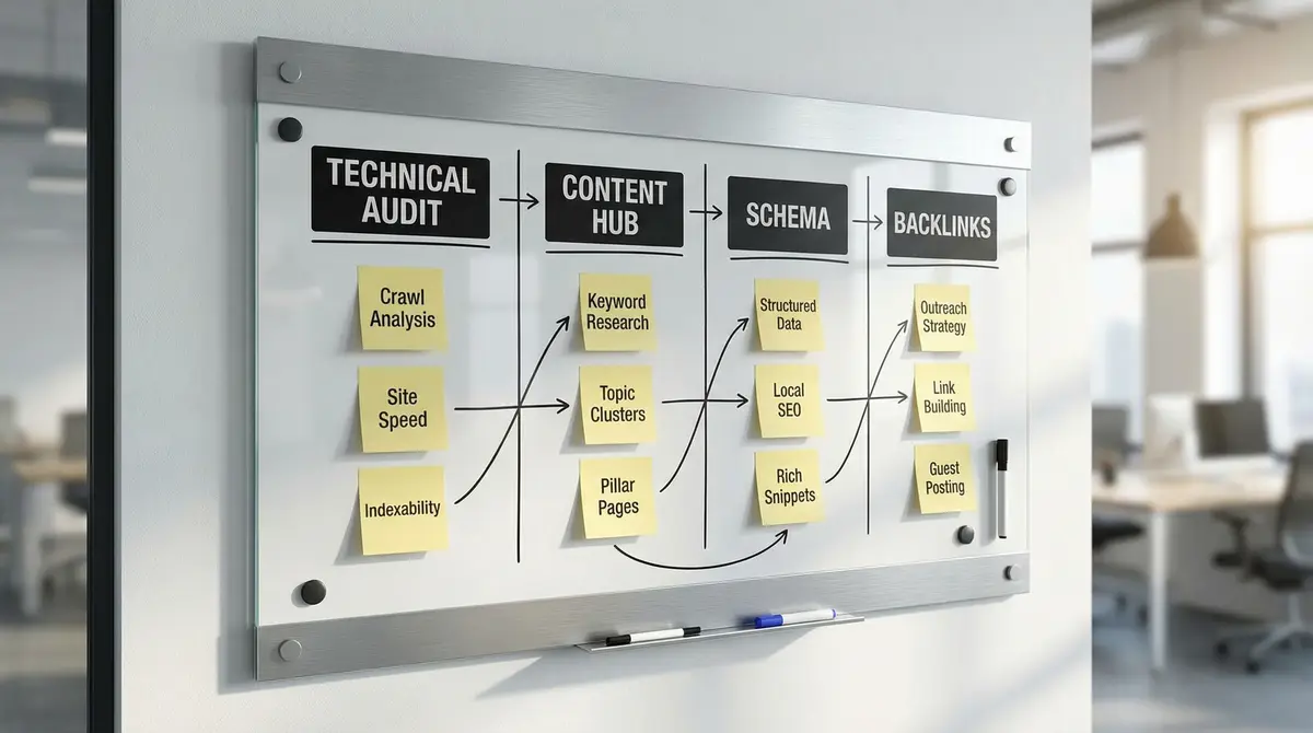 seo process workflow board content schema backlinks