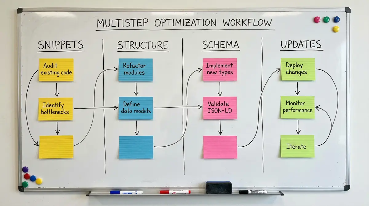 seo optimization workflow board with labeled steps