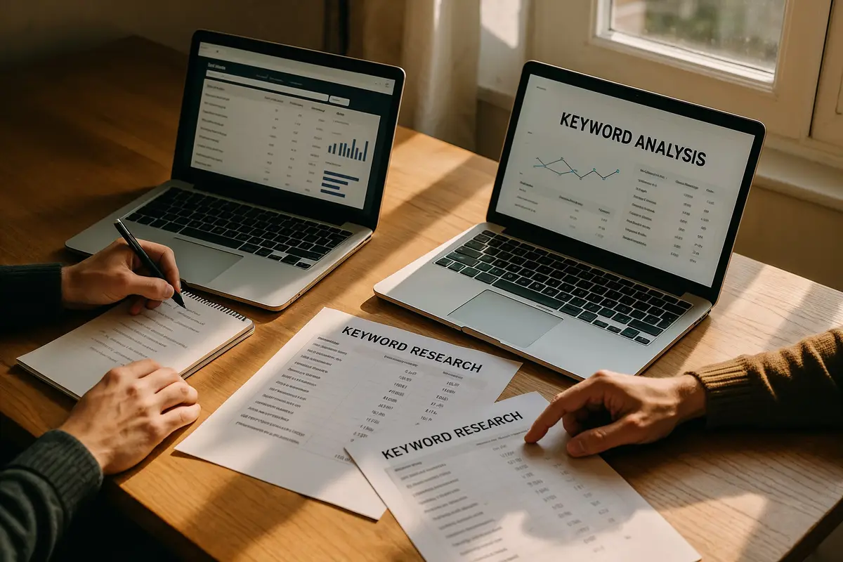 Two people collaborating on keyword research for seo strategies for affiliate websites