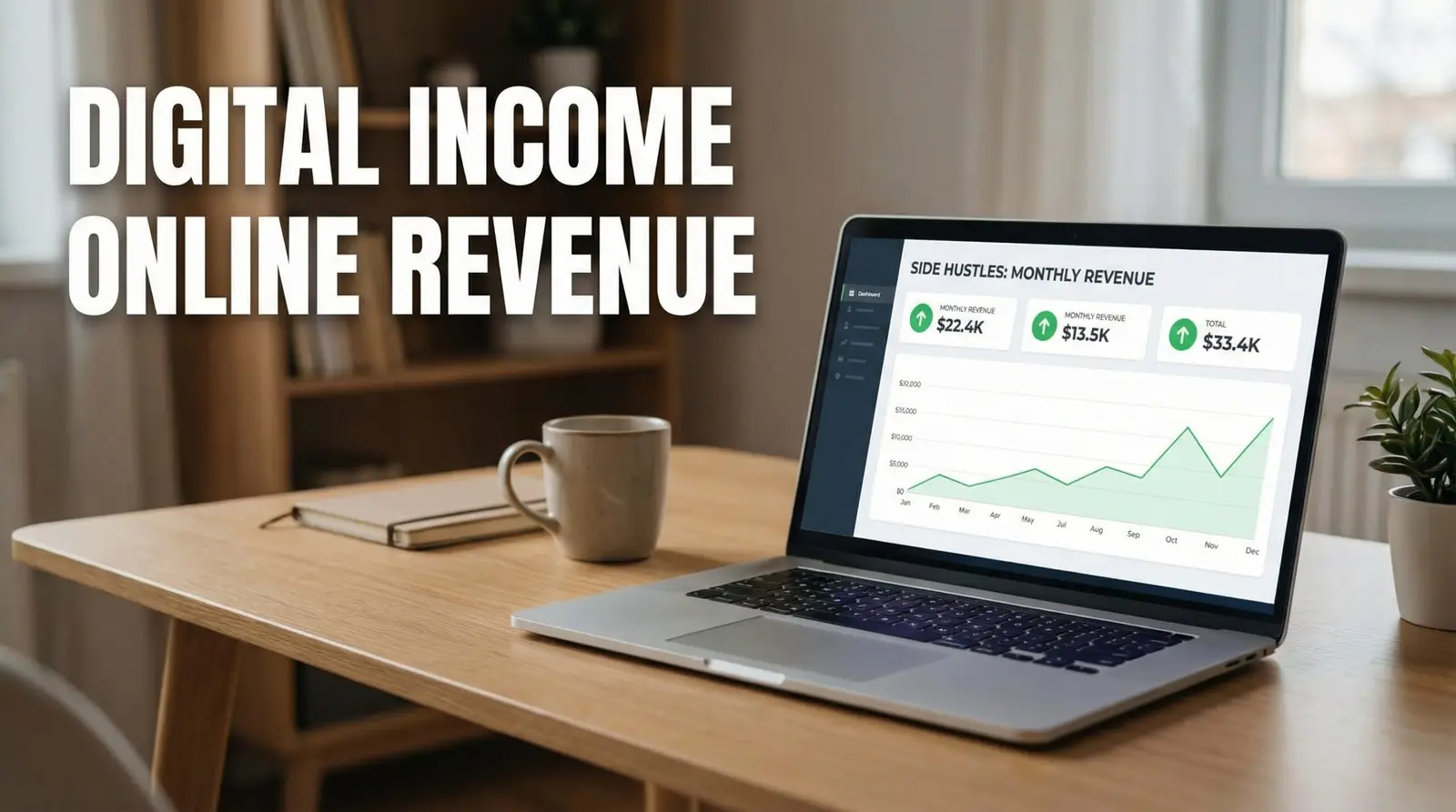 digital entrepreneur workspace with online revenue dashboard