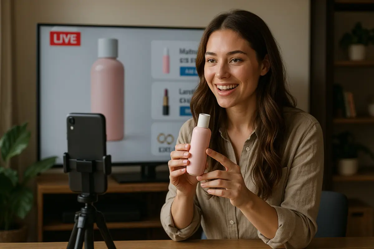 small influencer hosting live shopping event demonstrating brand partnership products