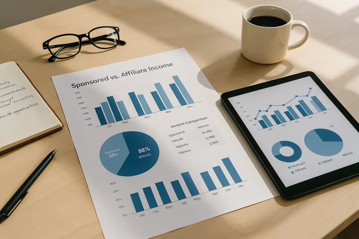 A workspace with digital devices and charts comparing sponsored vs affiliate income