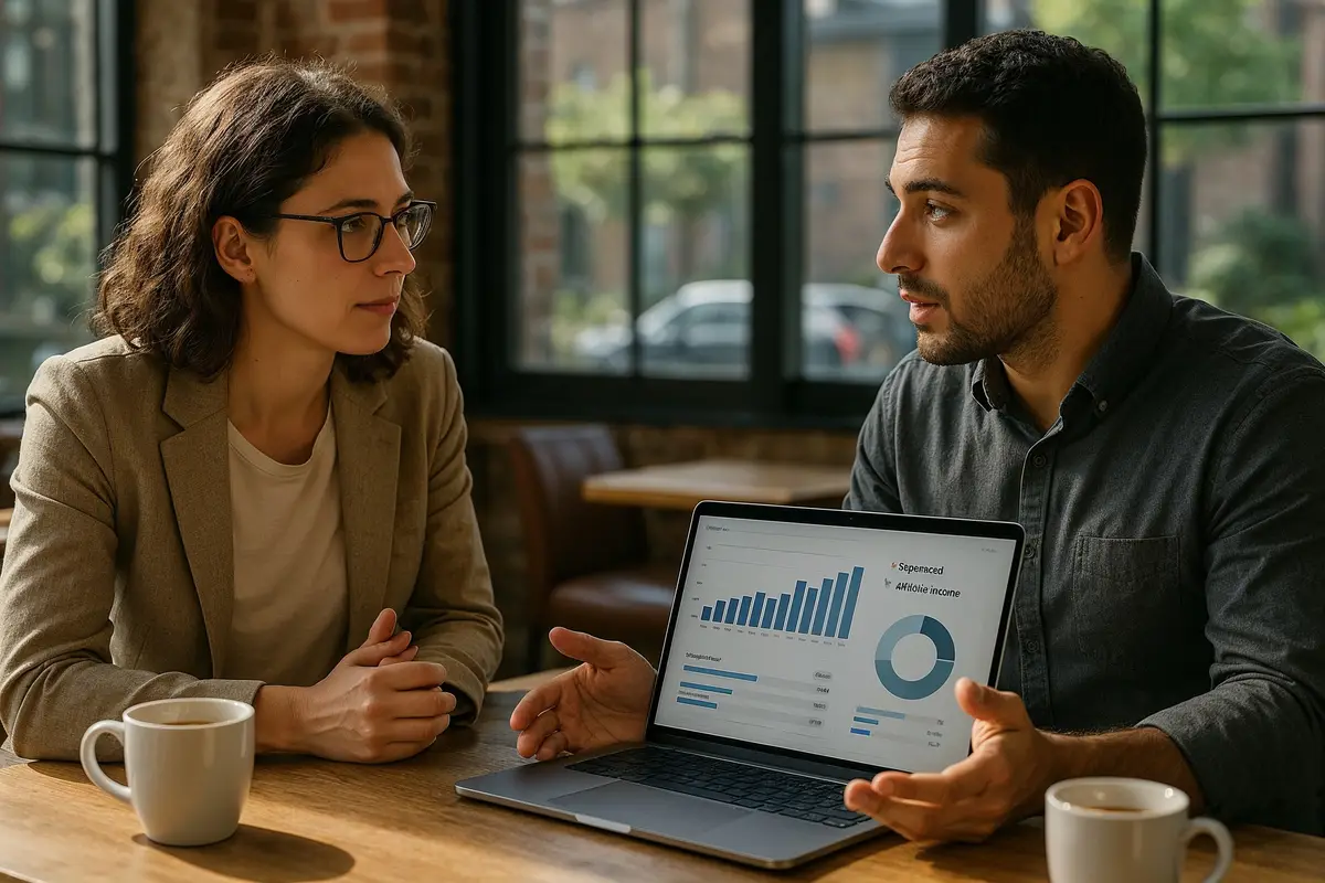 Two professionals in a coffee shop discussing sponsored vs affiliate income comparison