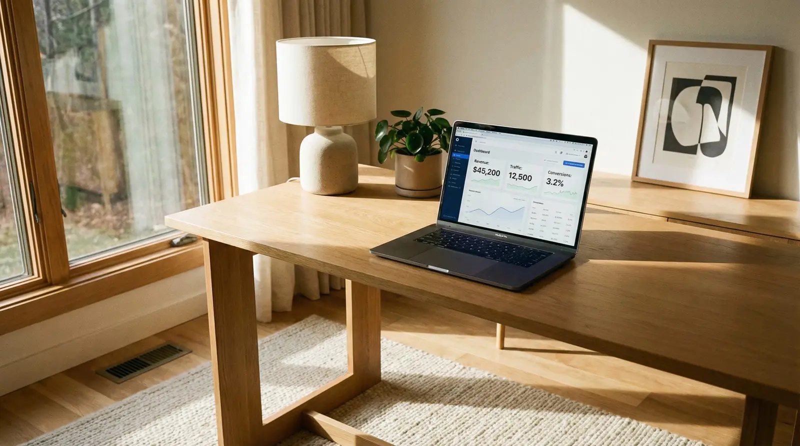 modern home office with revenue dashboard on laptop