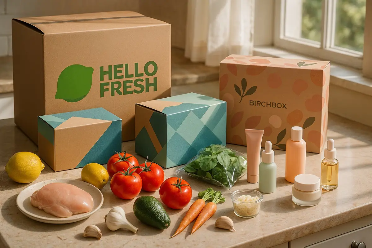 Kitchen counter with meal kit and beauty subscription boxes as subscription model websites examples