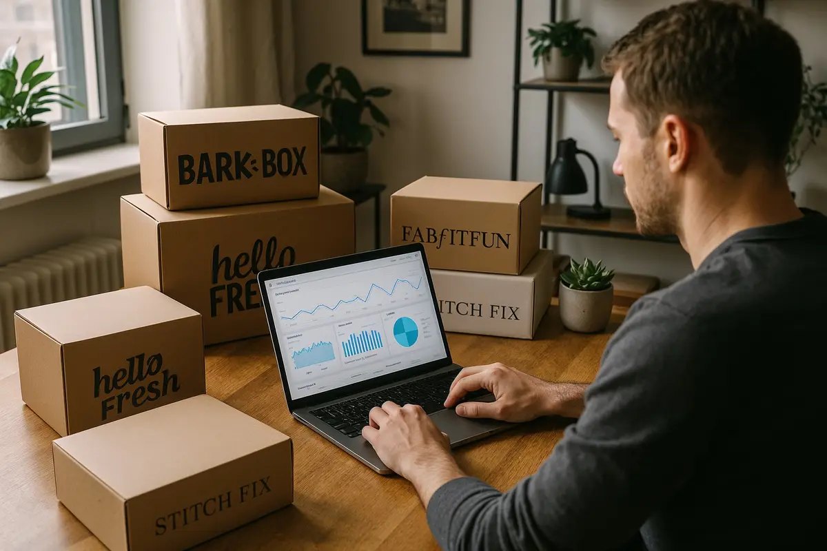 Person analyzing subscription model websites examples on laptop in a modern home office