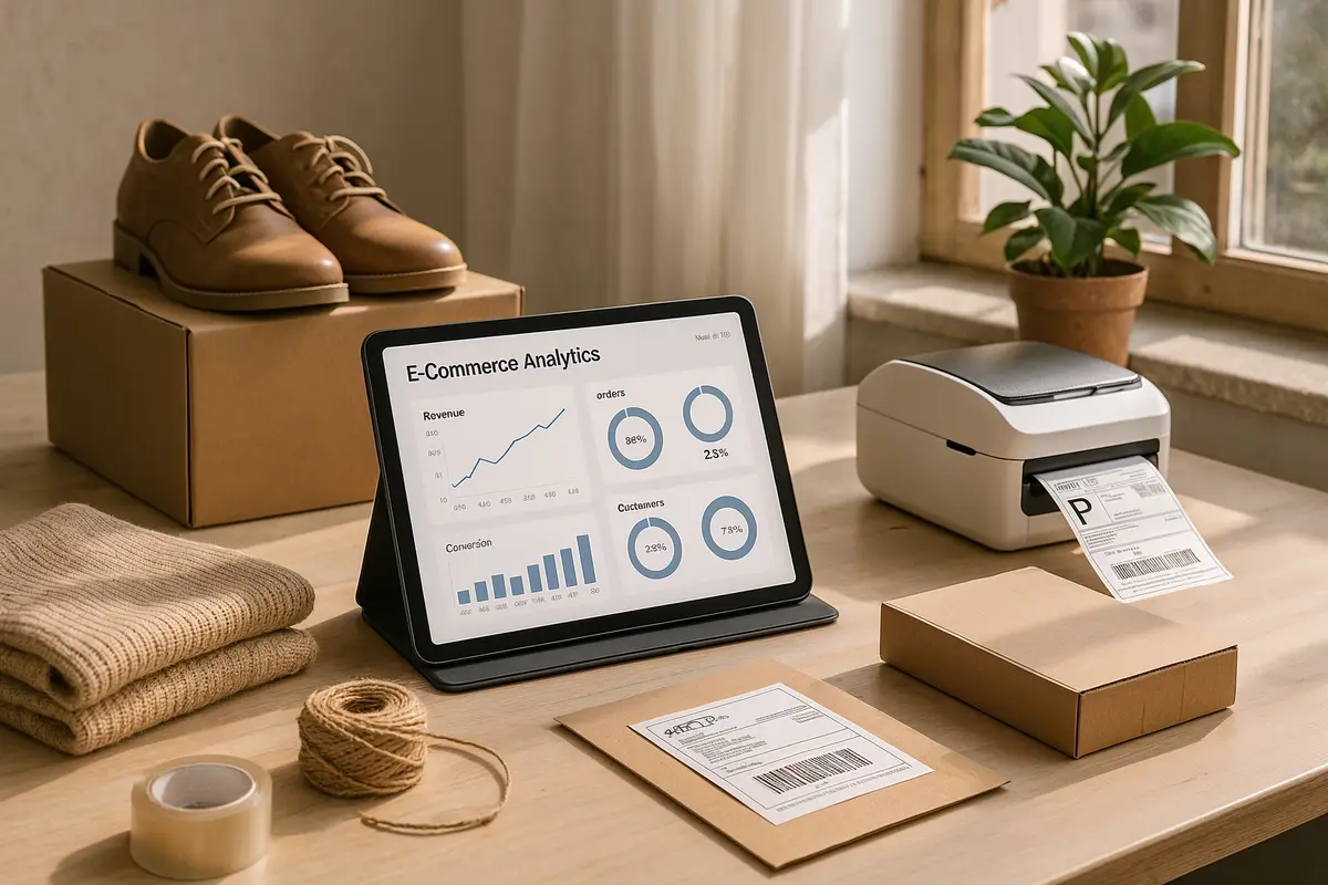 A modern home workspace with e commerce tools and packaging, representing successful online business models