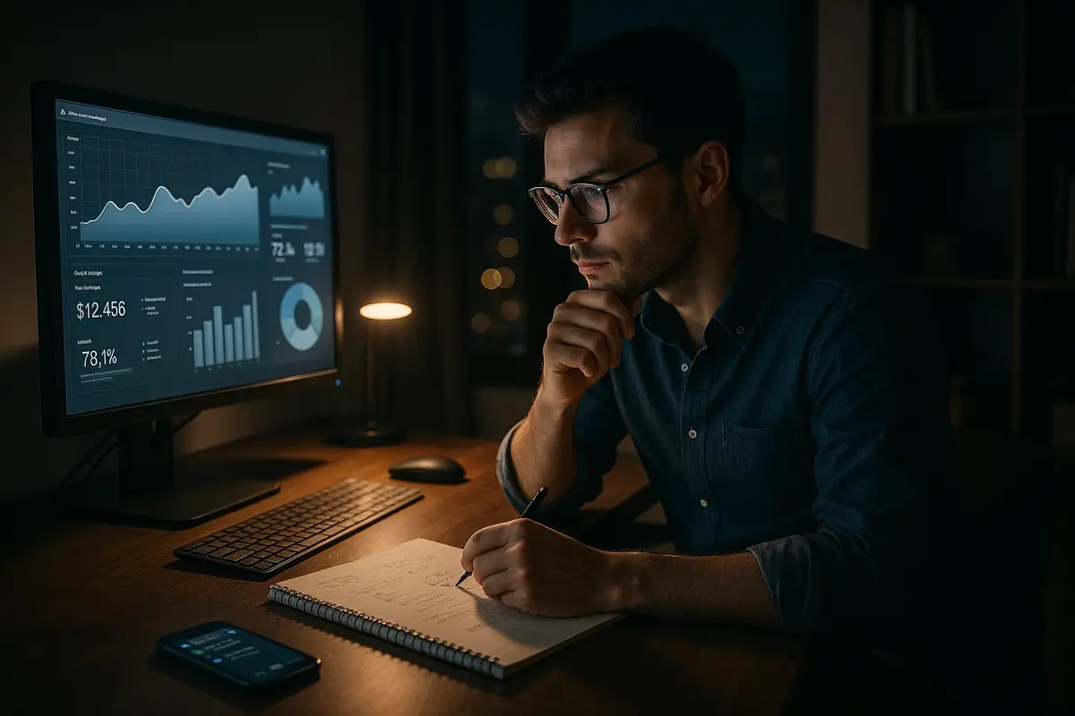 tips for internet startups   entrepreneur analyzing market data at night in a modern home office