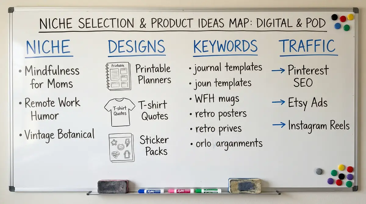 niche and digital product idea mapping board
