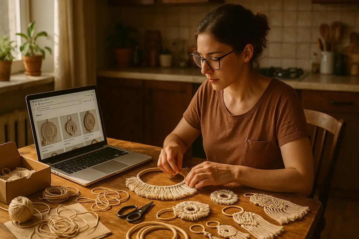 Person making handmade crafts at home as a way to earn income from home