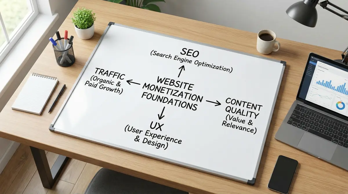 website monetization foundation diagram seo content ux traffic