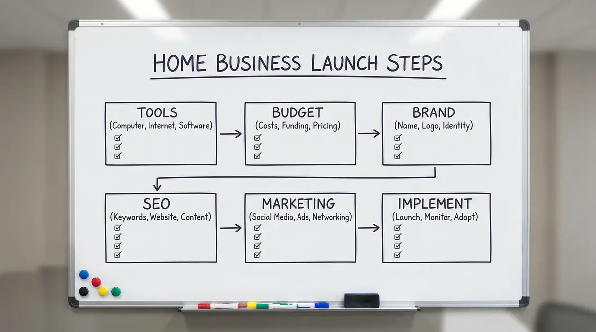 home business launch checklist whiteboard steps