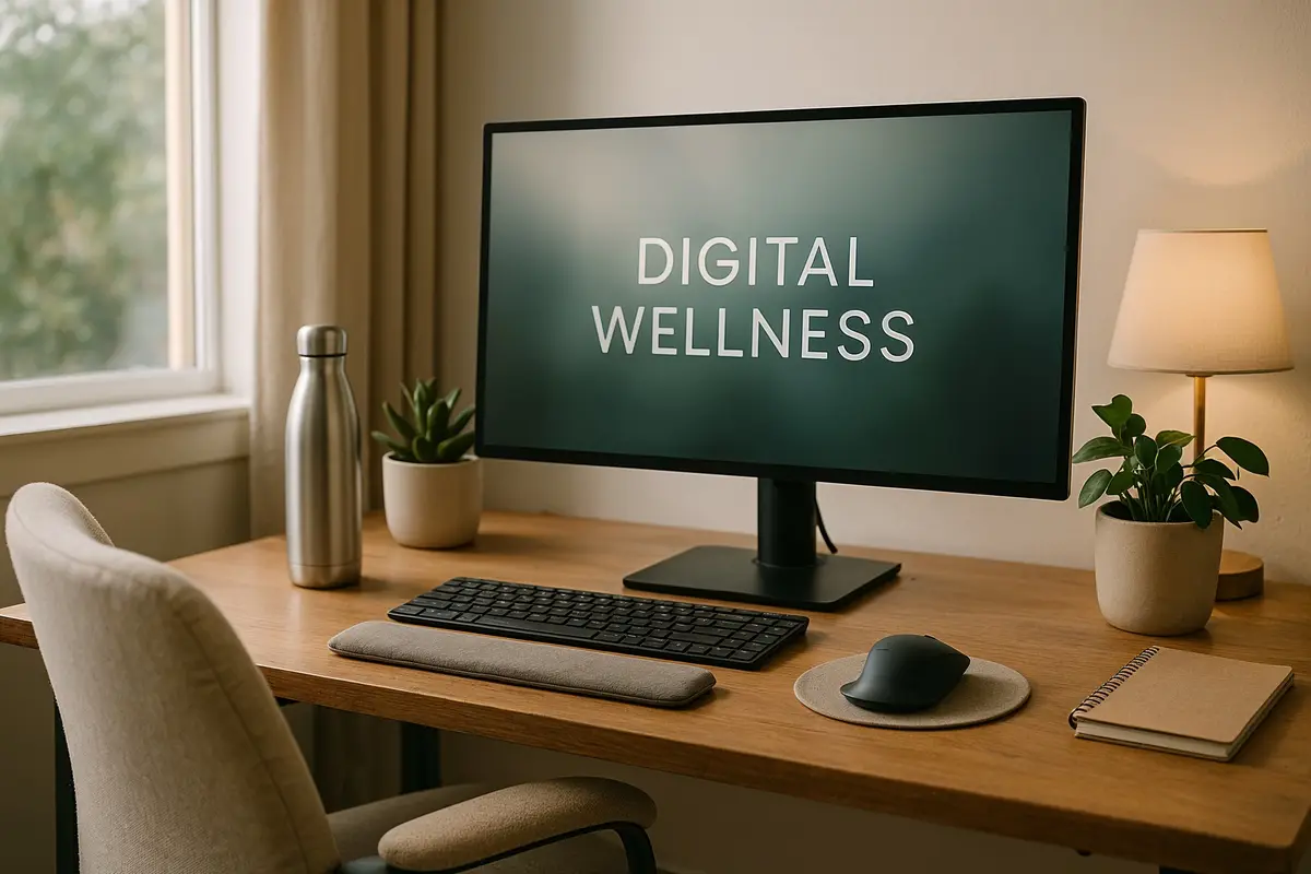 Home office setup emphasizing digital wellness for work from home jobs 2024