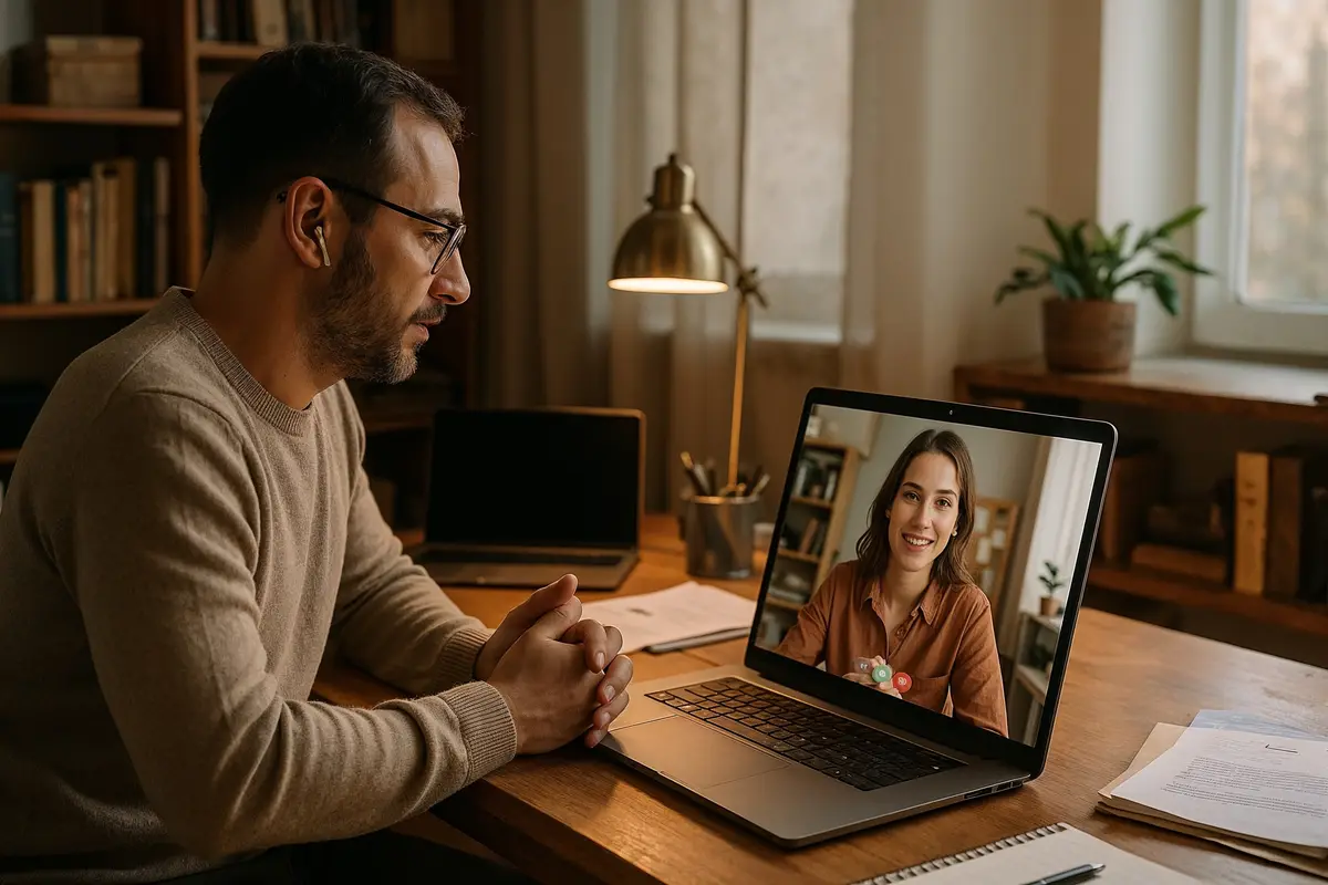 Two professionals collaborating remotely via video call as part of work from home strategies