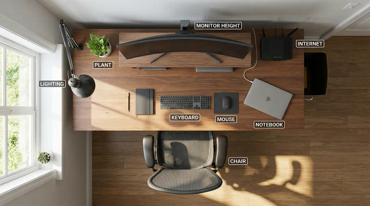 ergonomic home office setup layout diagram