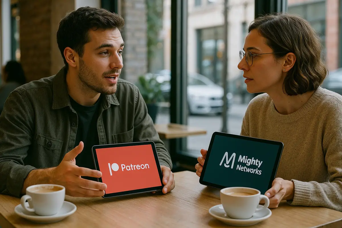 youtube monetization alternatives discussion between creators in a cafe with tablets
