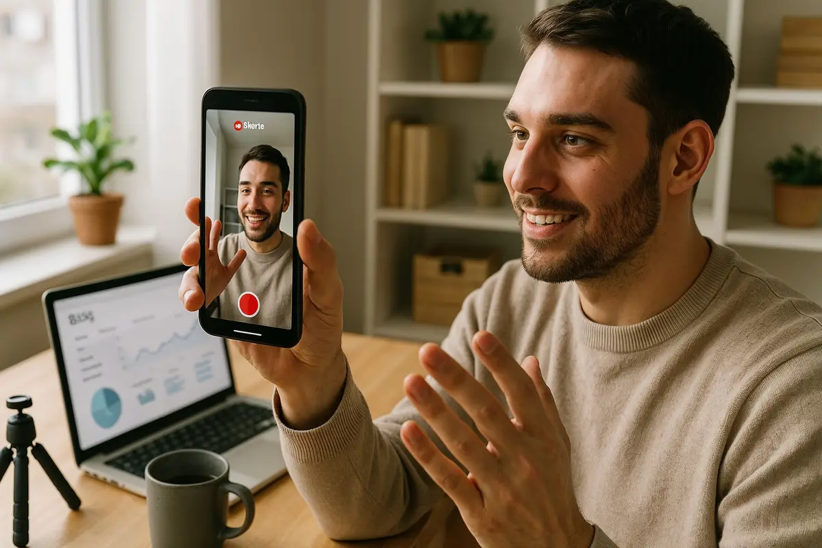 youtube traffic strategies for bloggers   blogger filming YouTube Shorts in home office