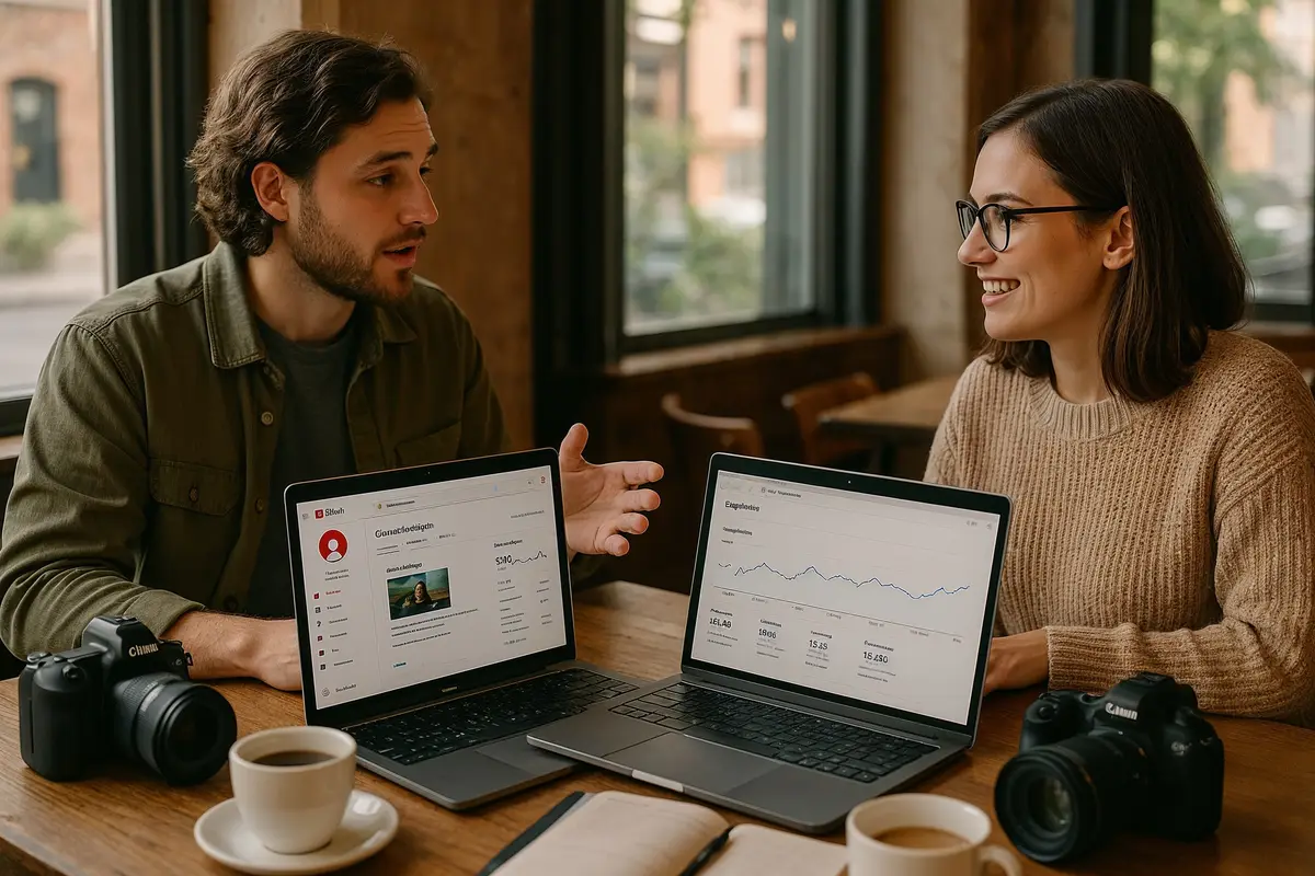 youtube traffic strategies for bloggers   bloggers collaborating in cafe analyzing YouTube analytics