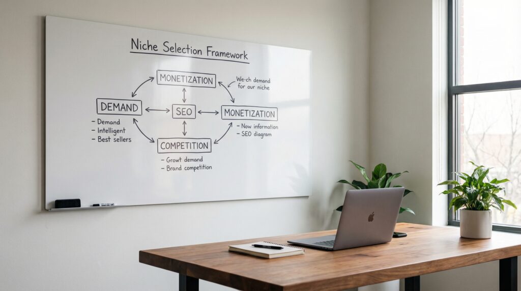 niche-selection-framework-whiteboard-demand-monetization-seo-competition