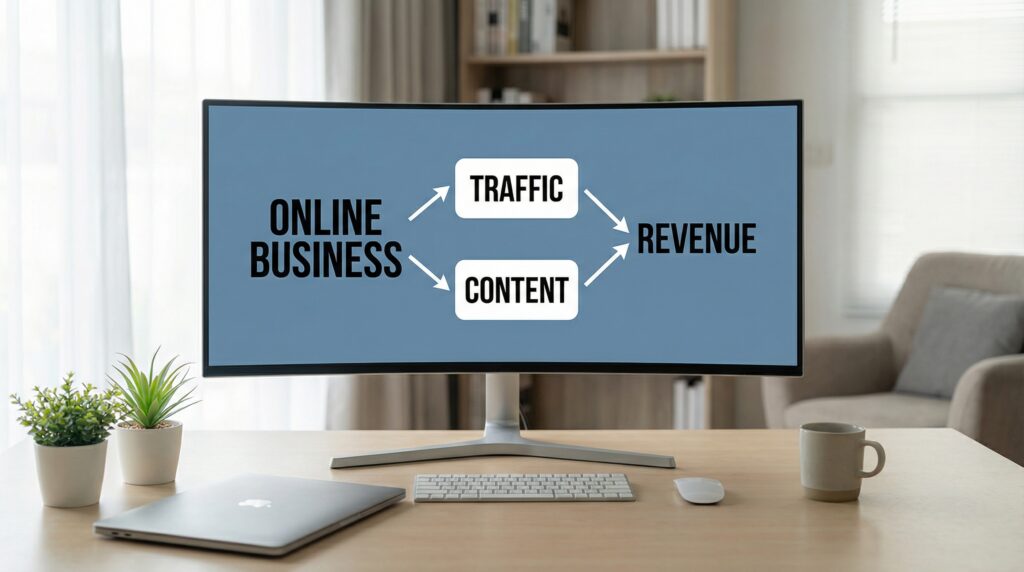 digital-entrepreneur-workspace-with-online-business-model-flowchart